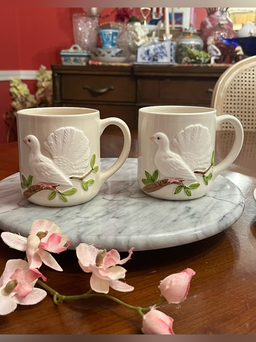 Vintage 1980s Otagiri Japan 3D Embossed White Dove Stoneware Coffee Mugs, 2-Set
